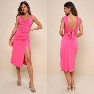 New LuLus Sz Lg Flawless Effect Hot Pink Slinky Knit Cowl Tie-Back Midi Dress